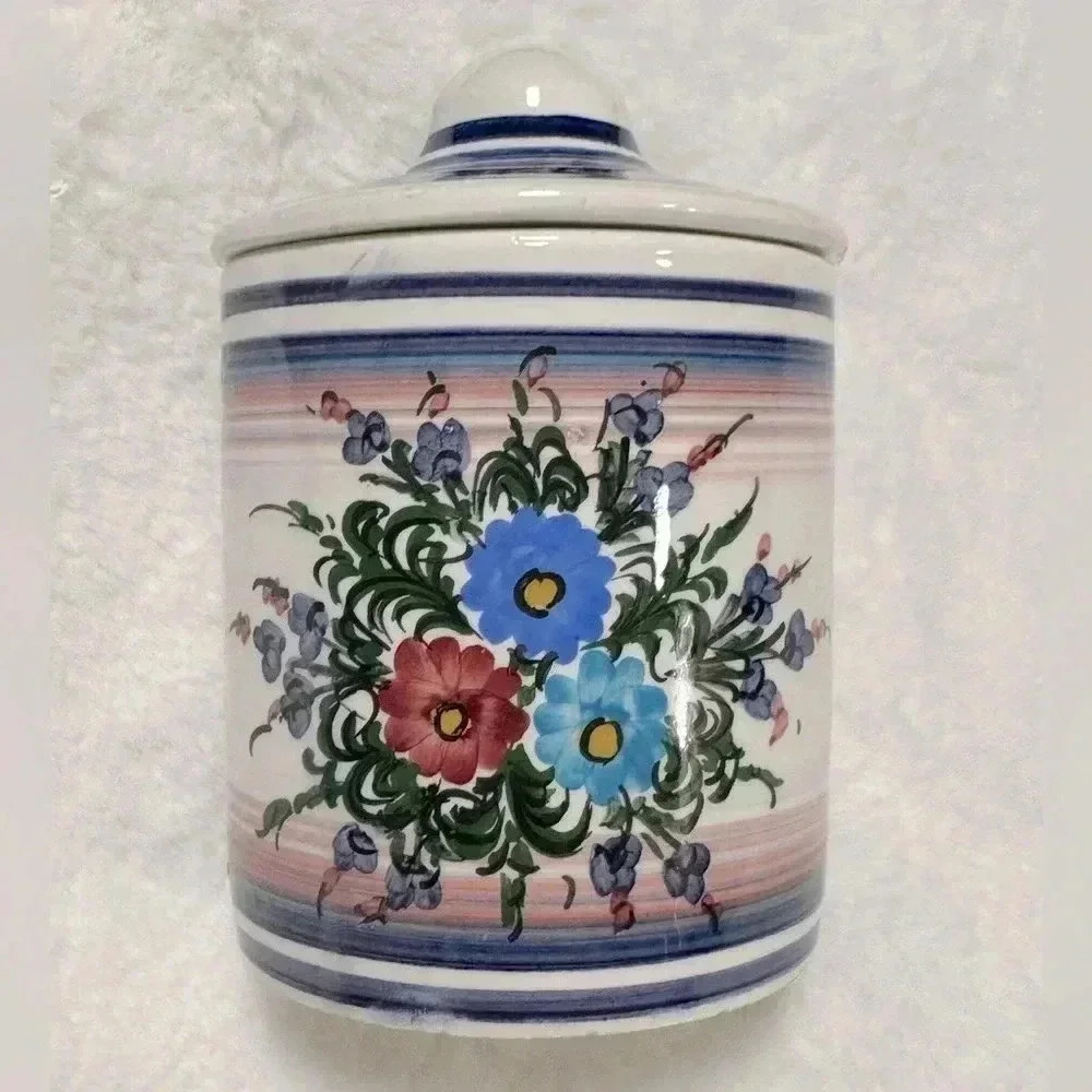 Vintage Greek Ceramic Storage Jar with Lid Flower Motif Cottagecore Handmade